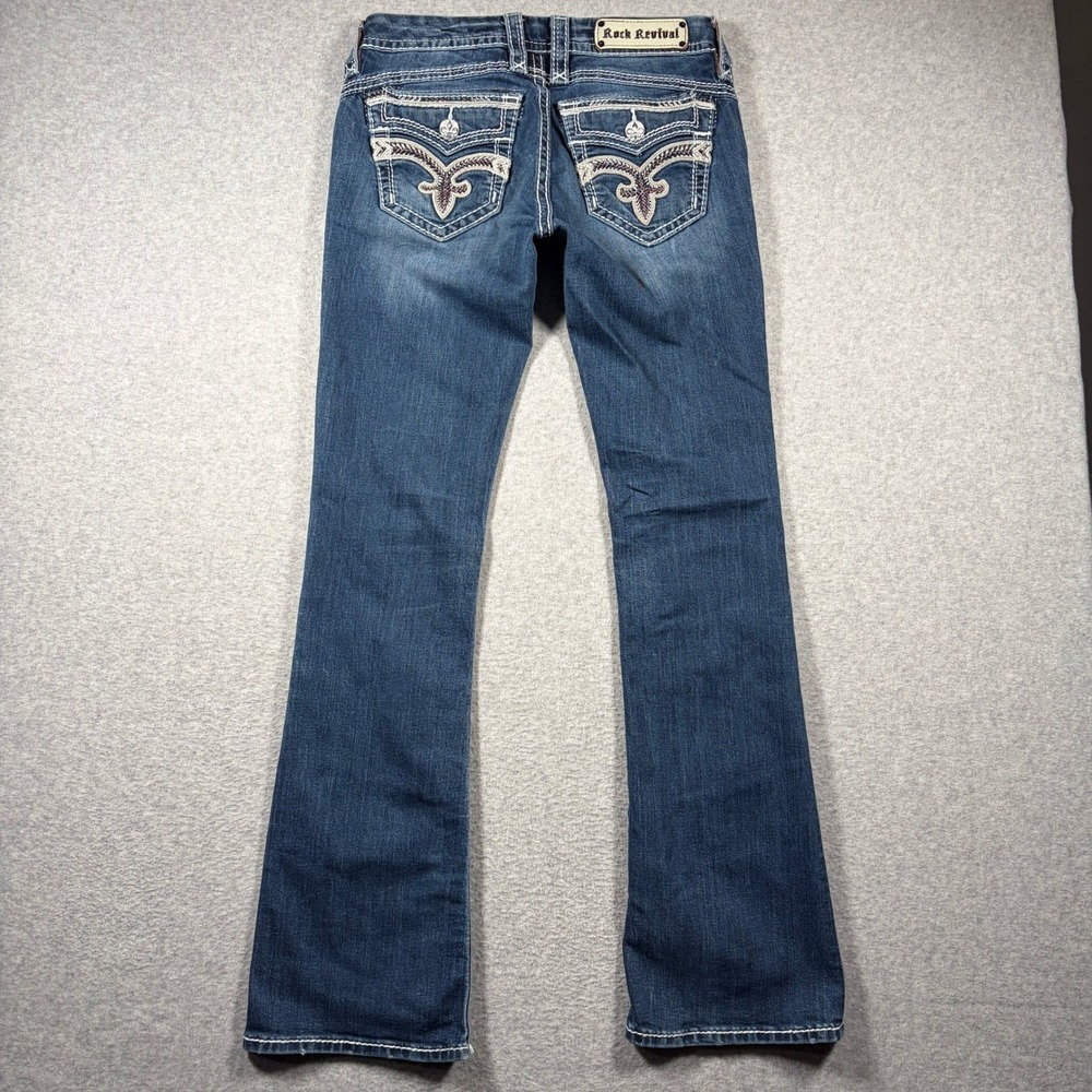 Rock Revival Yeon Bootcut Jeans Women 28 Blue Distressed Embellished Flap Pocket